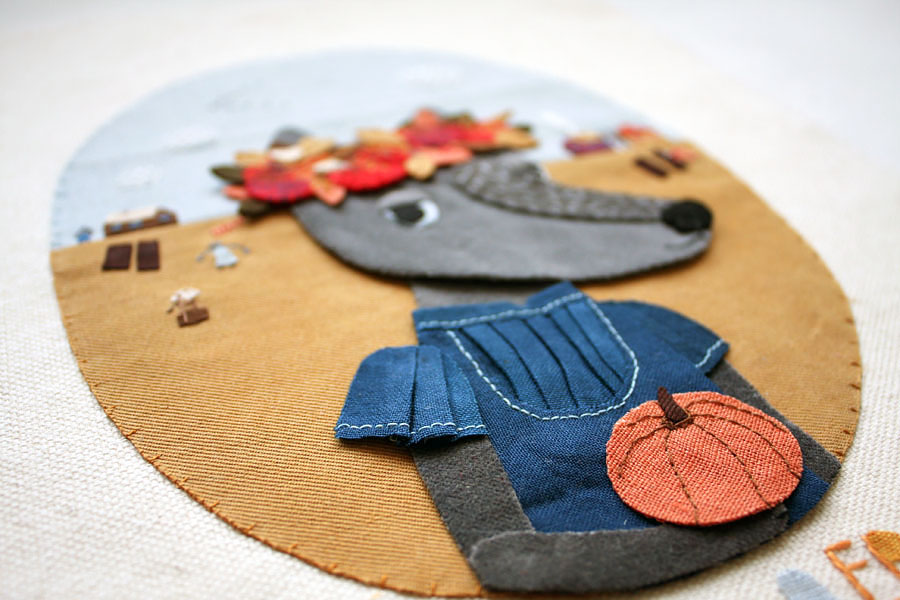 collage fabric collage Embroidery applique autumn handmade FOX personal