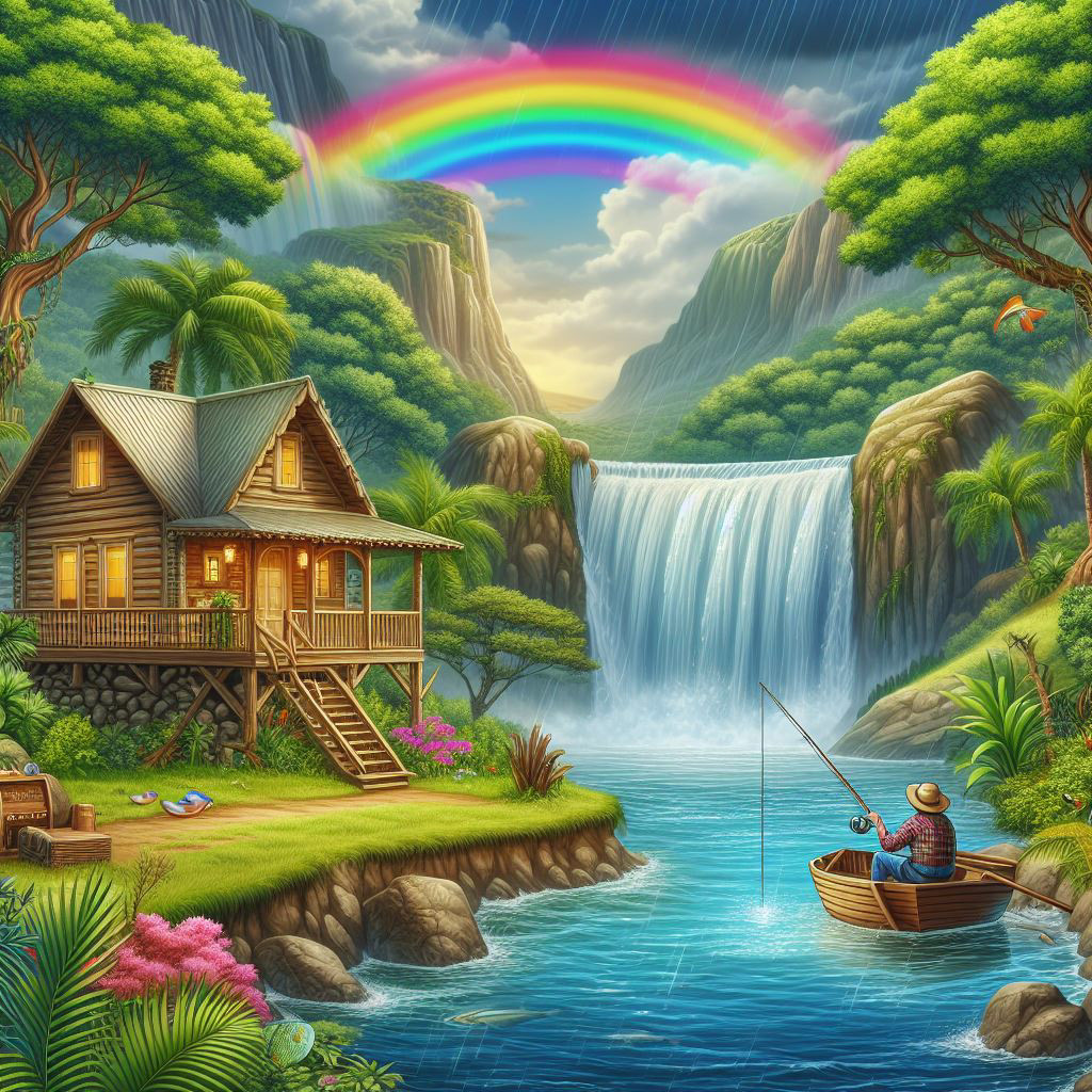 water Nature art artist jungle illustration Beautiful scenery rainbow vinatge ai waterfall