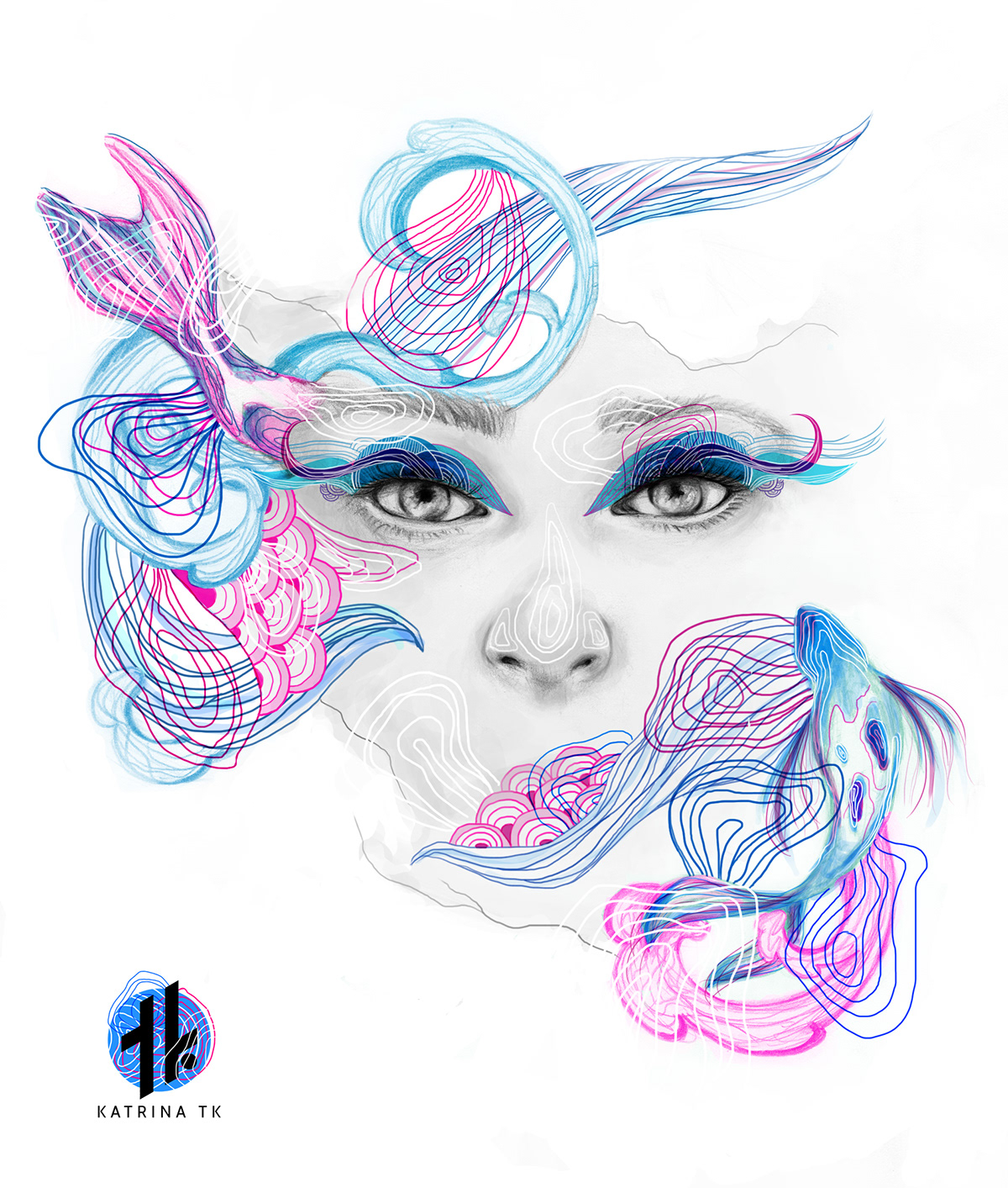 conceptual girl woman abstract face portrait study koi fish pencil sketch