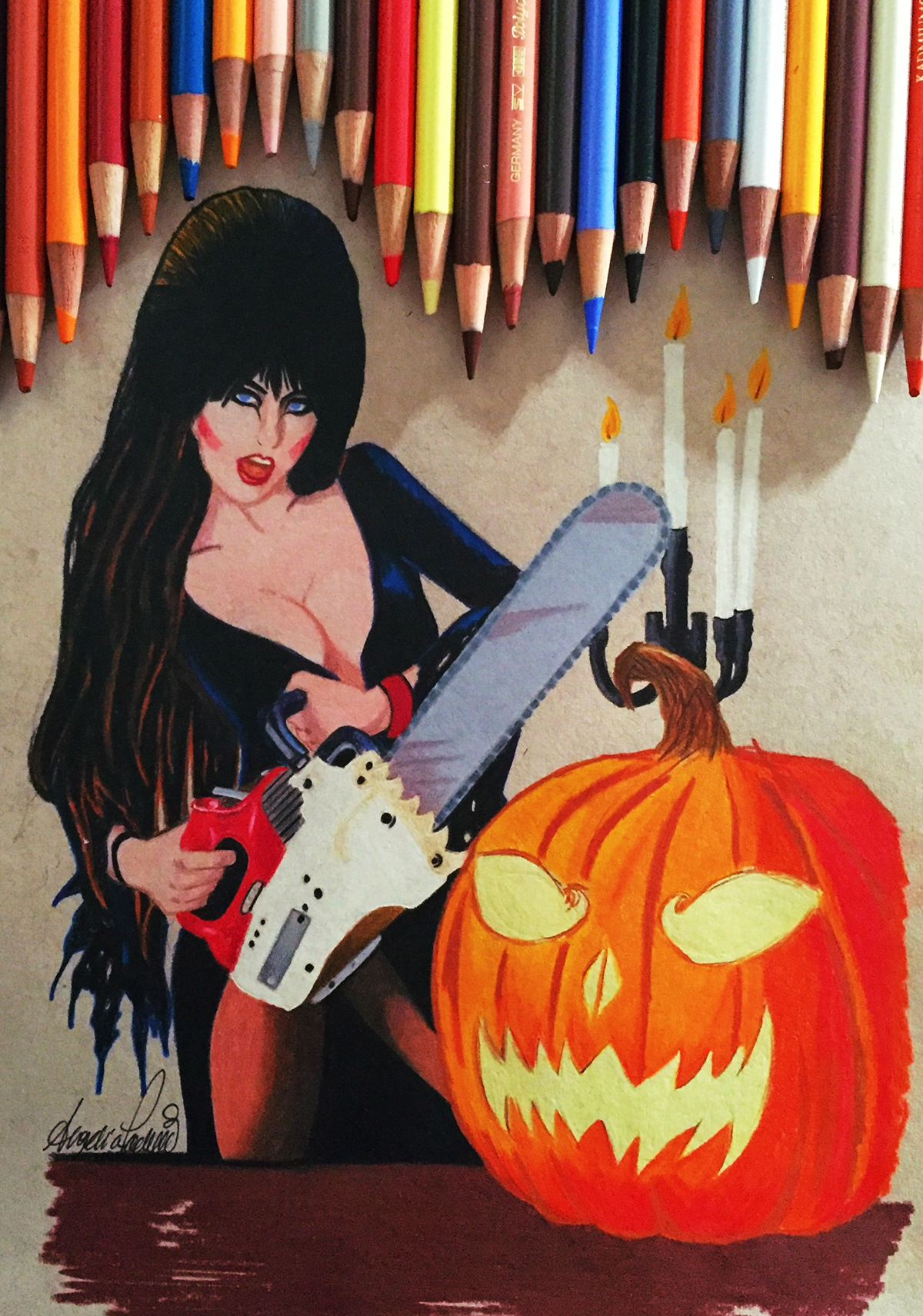 Elvira Halloween colored pencil toned tan paper FABER CASTELL polychromos
