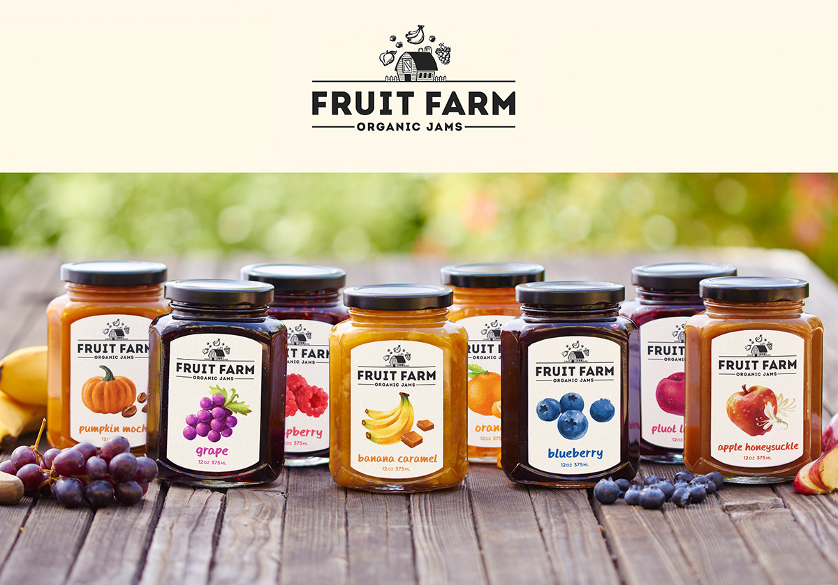 jam Fruit logo farm orange grape banana pumpkin blueberry raspberry Pluot apple jars Label package design 