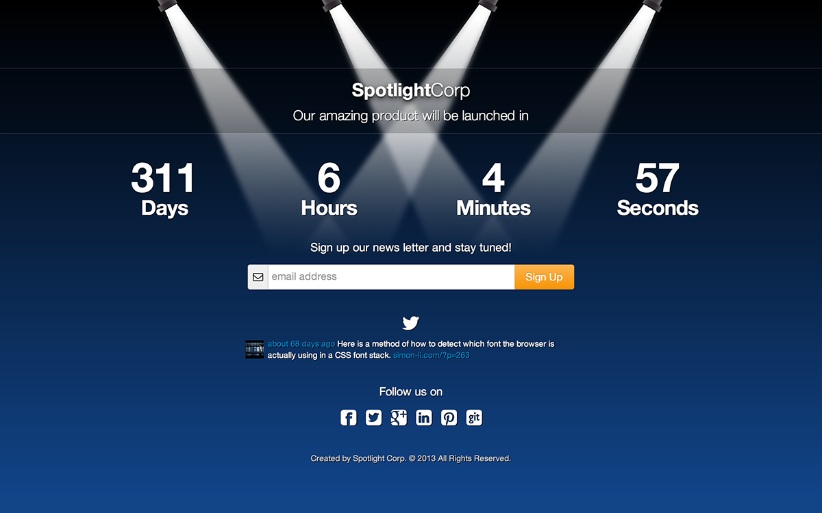 Coming Soon under construction template html5 css3 spotlight countdown twitter feed tweets Ticker