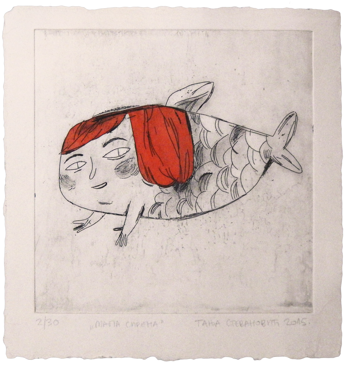 The Little Mermaid Hans Christian Andersen fish girl red hair etching print humanoid fairytale sea creature