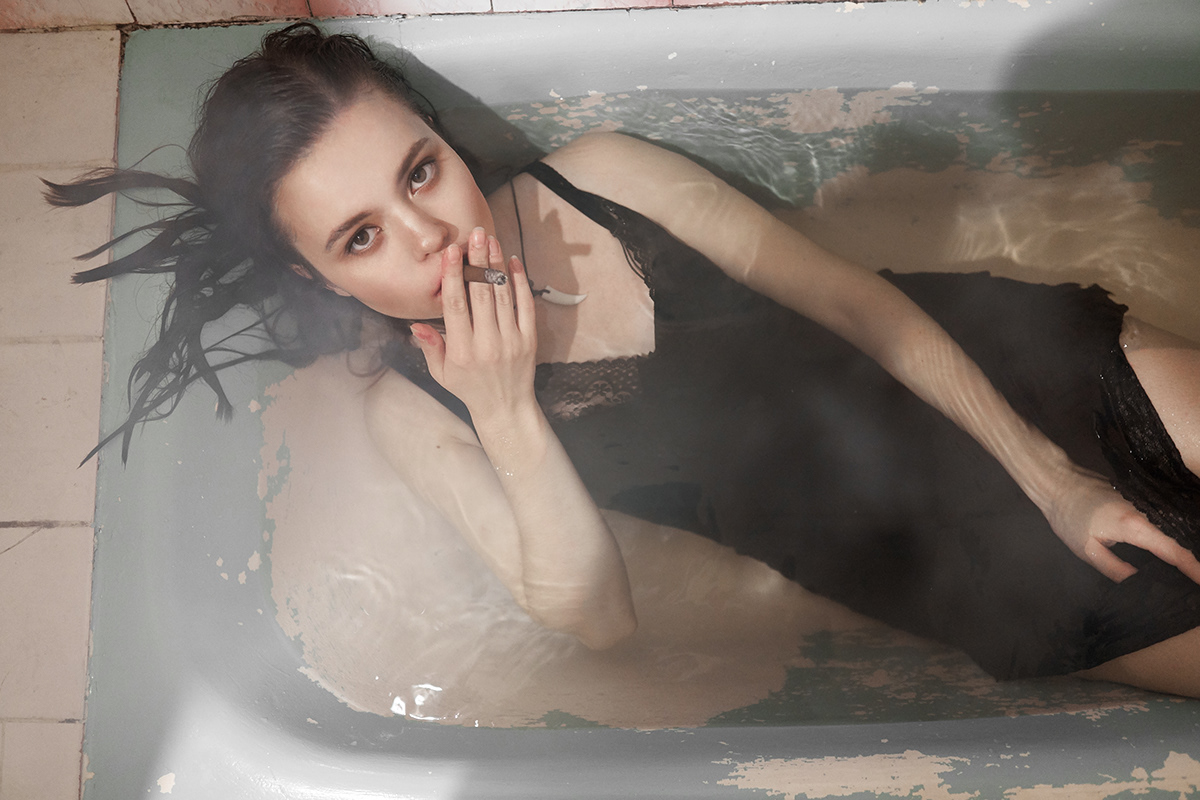 bathroom smoking model portrait girl dress black dress