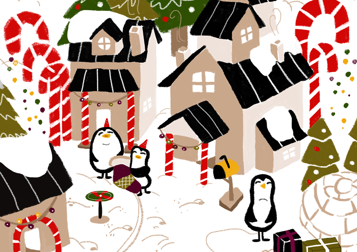 ILLUSTRATION  Pinguin santa Christmas draw greetingcard Presents card trees happy