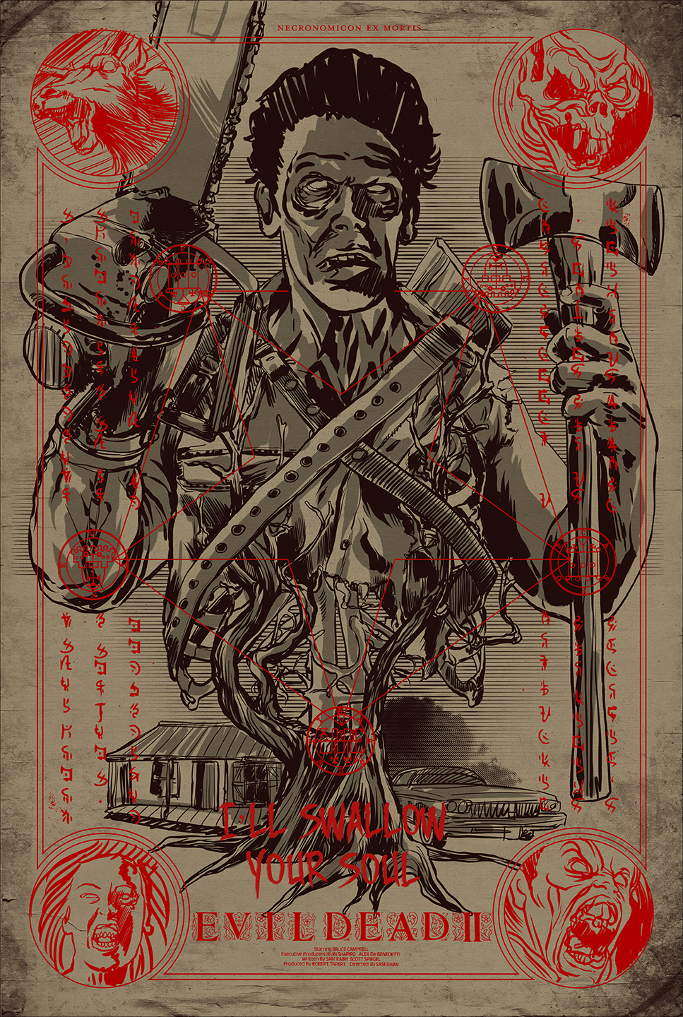 evil dead evil dead 2 ash wiliams screen print poster poster art movie poster necronomicon deadites