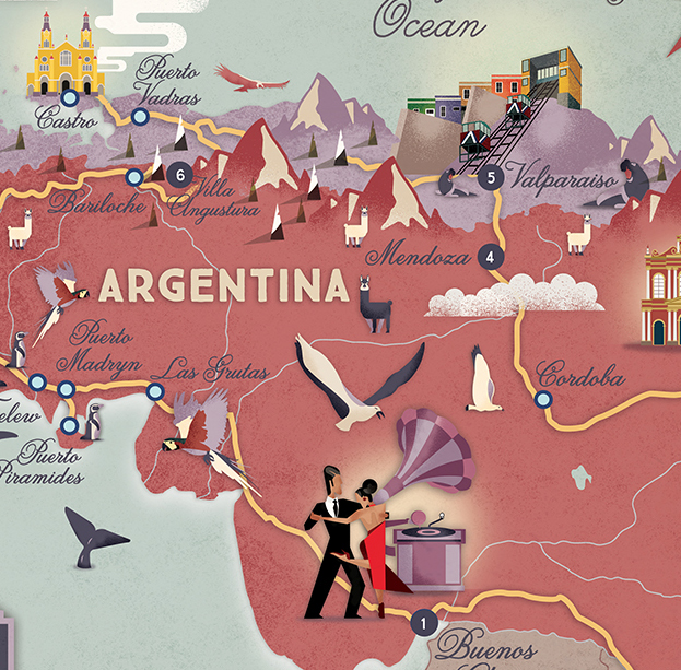 South America illustrated map Argentina map ushuaia chile tango