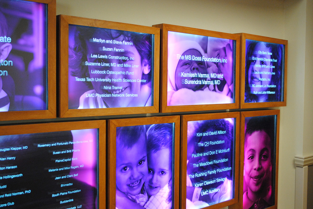 led lights  Etched glass prints  Donor Wall