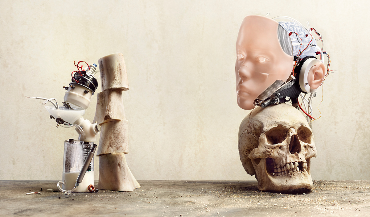 Cyborg skull sculpture fine art Photography  still life set design  Advertising  Cover Book psychology