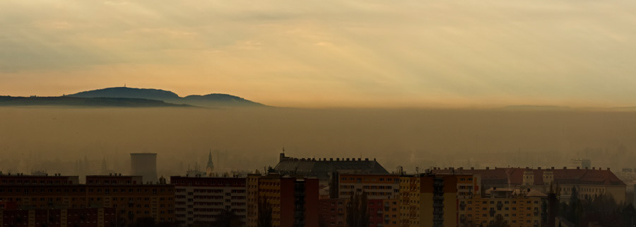 panorama wide horizon landscape strip horizontal narrow city town smog pollution polluted environment sustainabilty dirty urban buildings silhouettes fog mist document brno