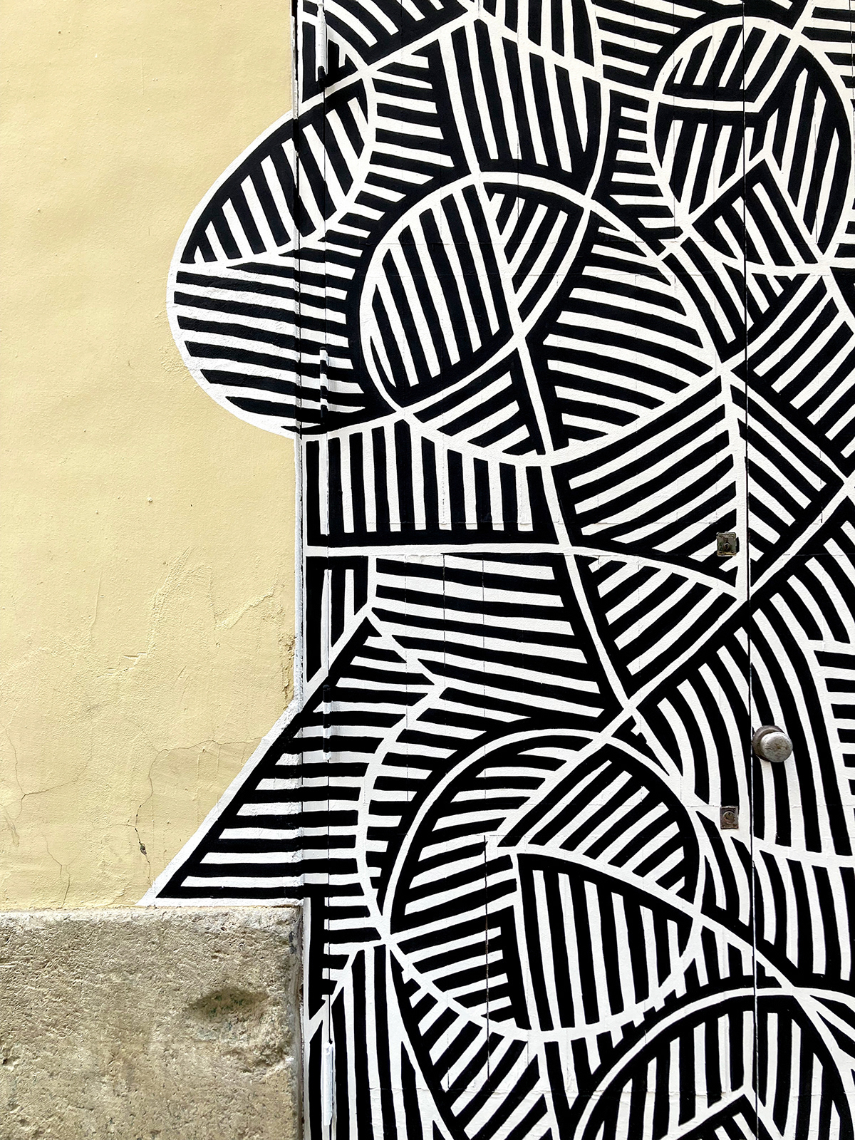 Closeup of a black and white mural painted on a door in the streets of Valencia by Stillo Noir.