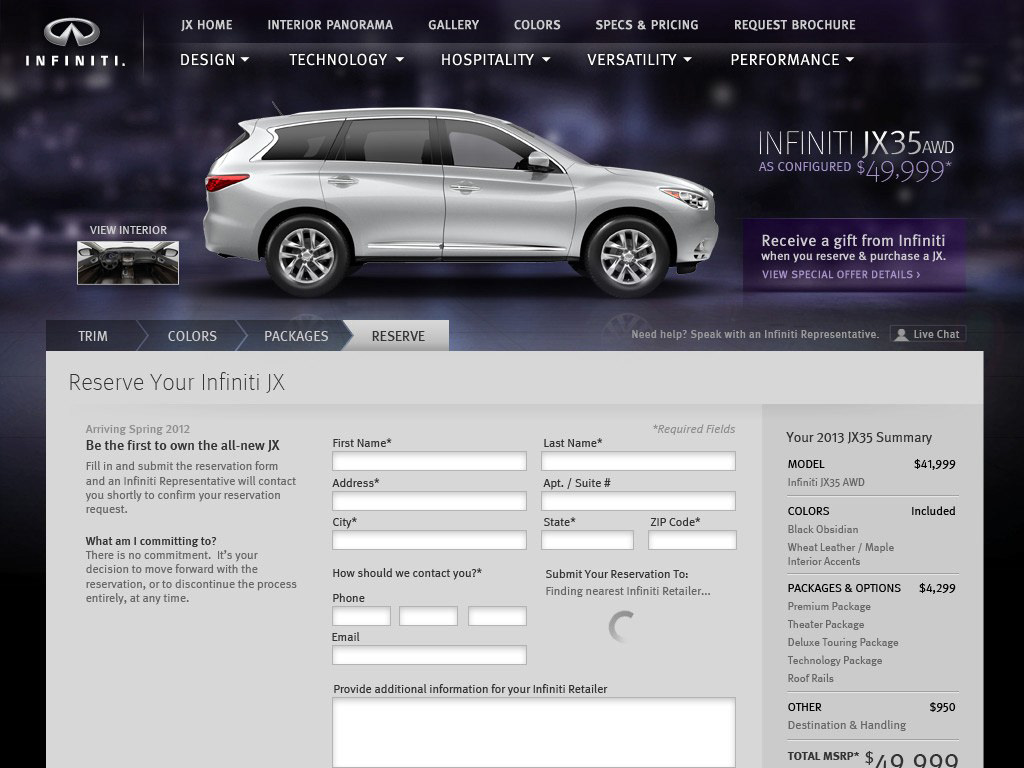shopping tools infiniti luxury microsite jx build crossover Vehicle web app