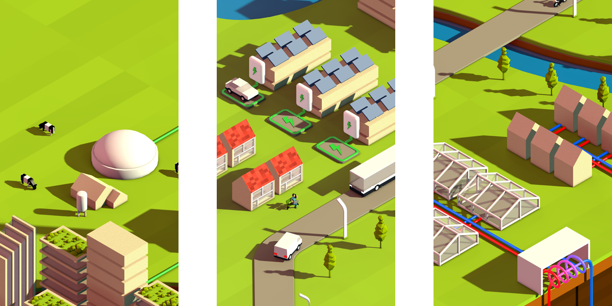 Landscape infographic city 3D houses water cows Cars energy