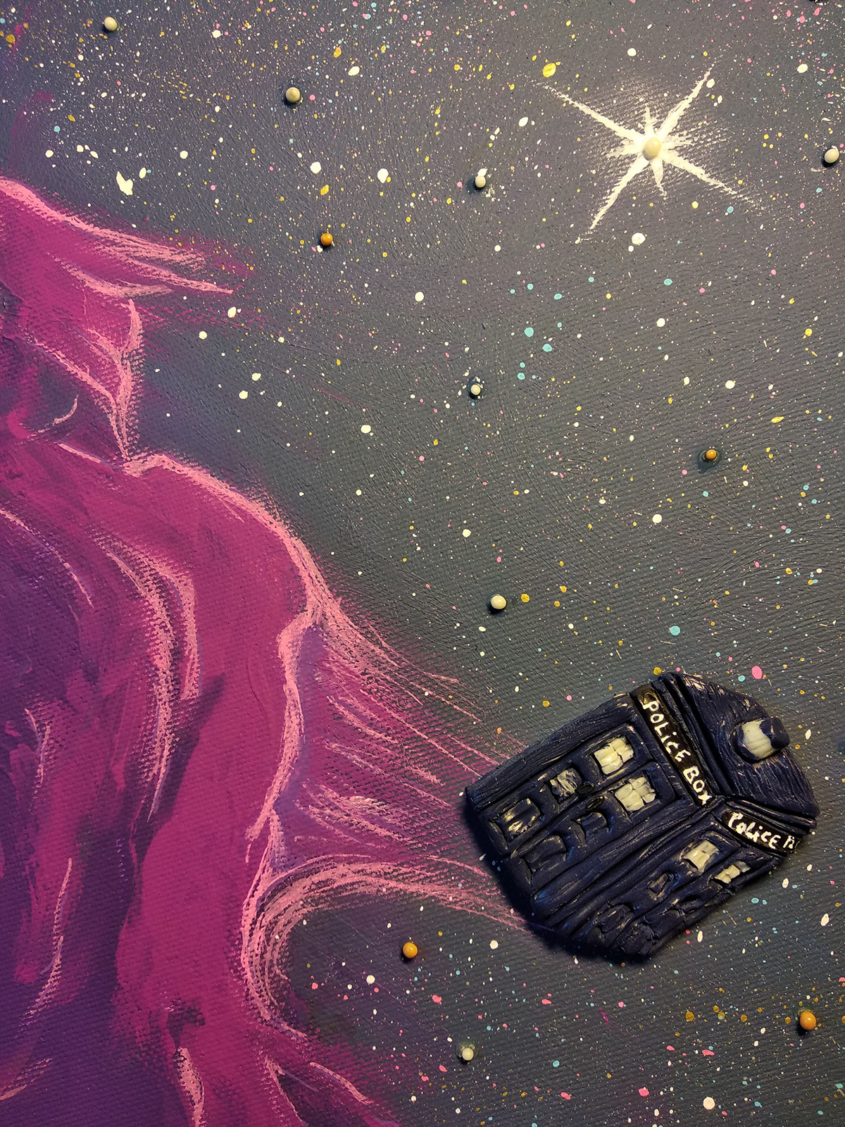 tardis Doctor Who Space  stars Plasticine fimo Fan Art acrylic painting canvas polymer clay