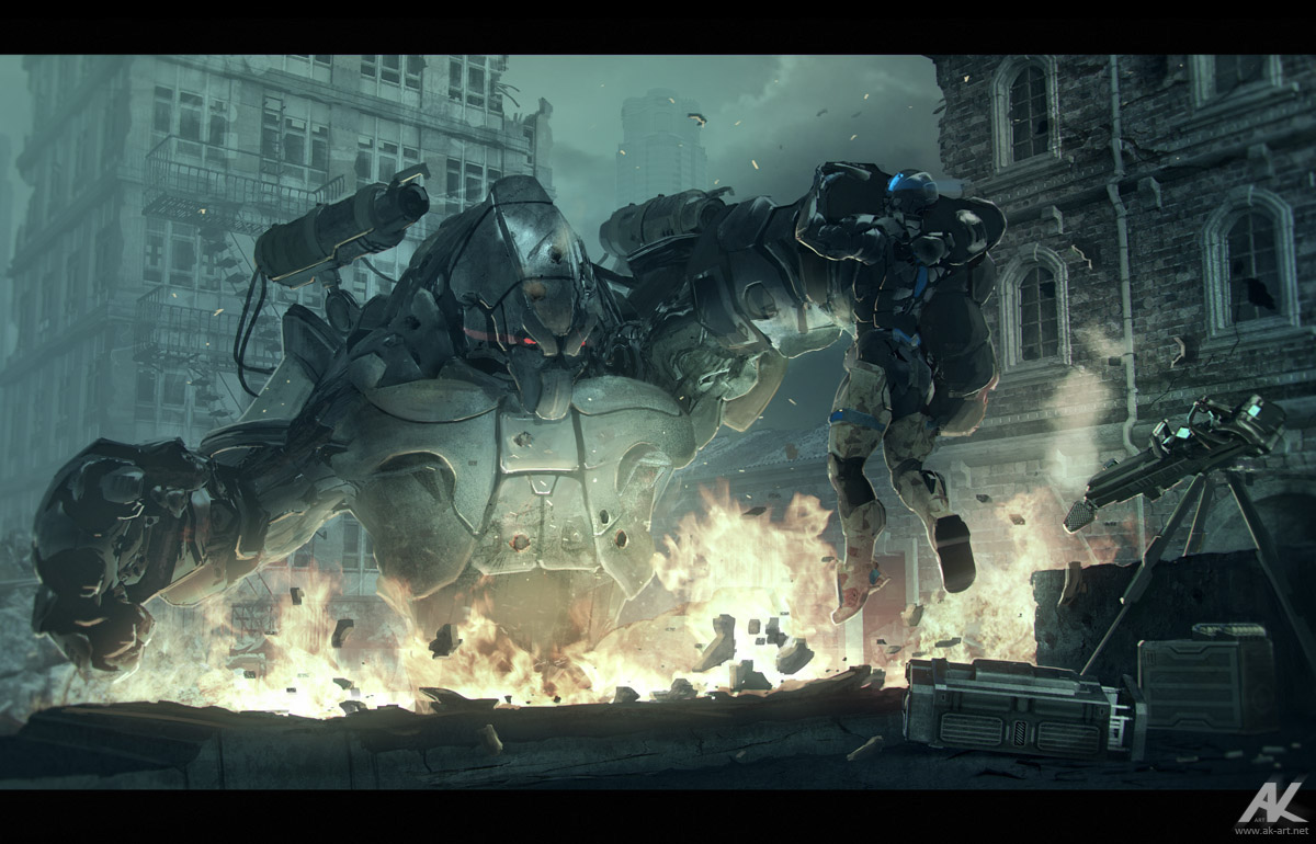 vfx design Matte Painting concept art post-apocalyptic mecha robots War mutants FPS Visual Development