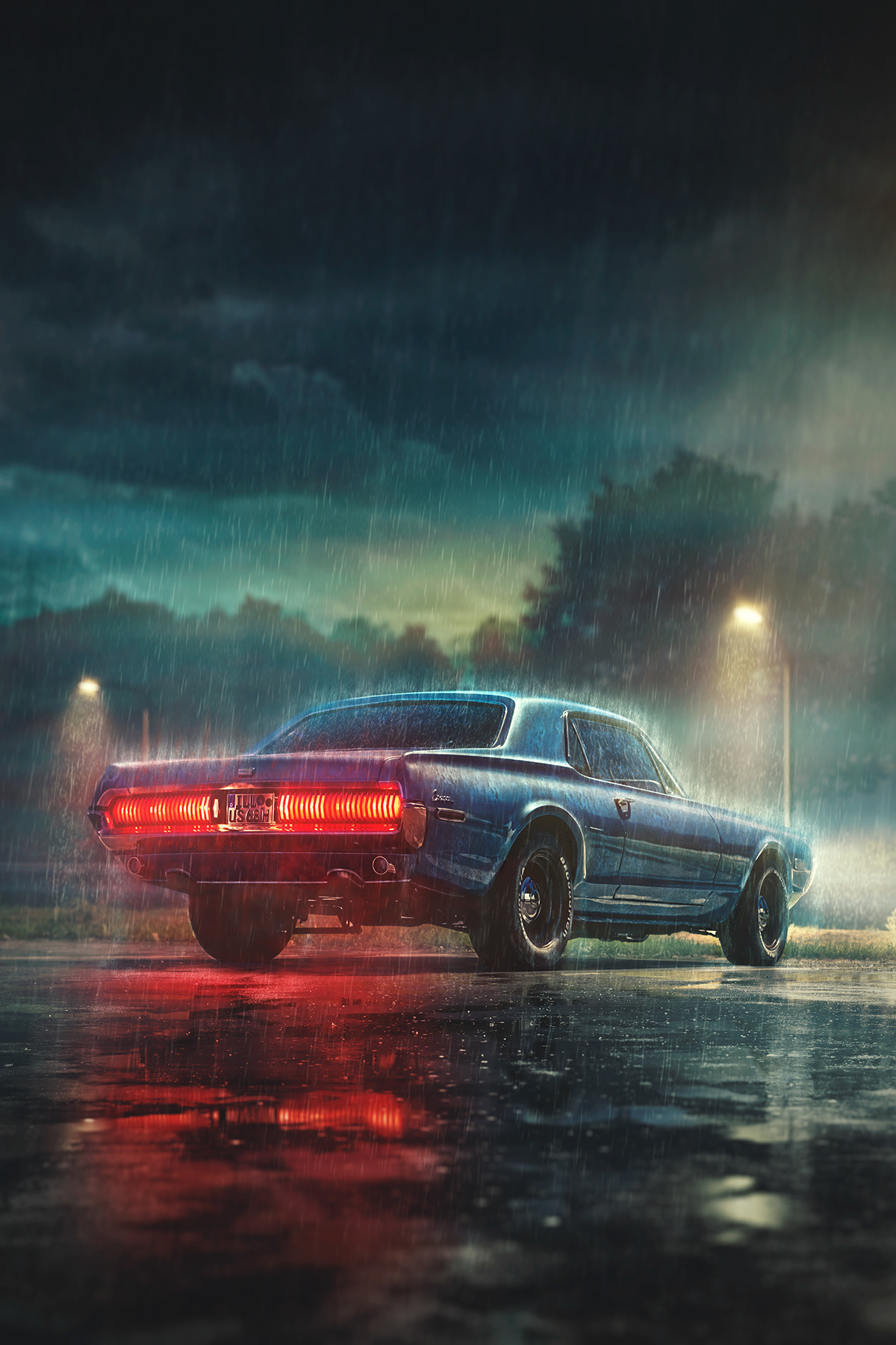 1968 Mercury Cougar in rain at night on the side of a street