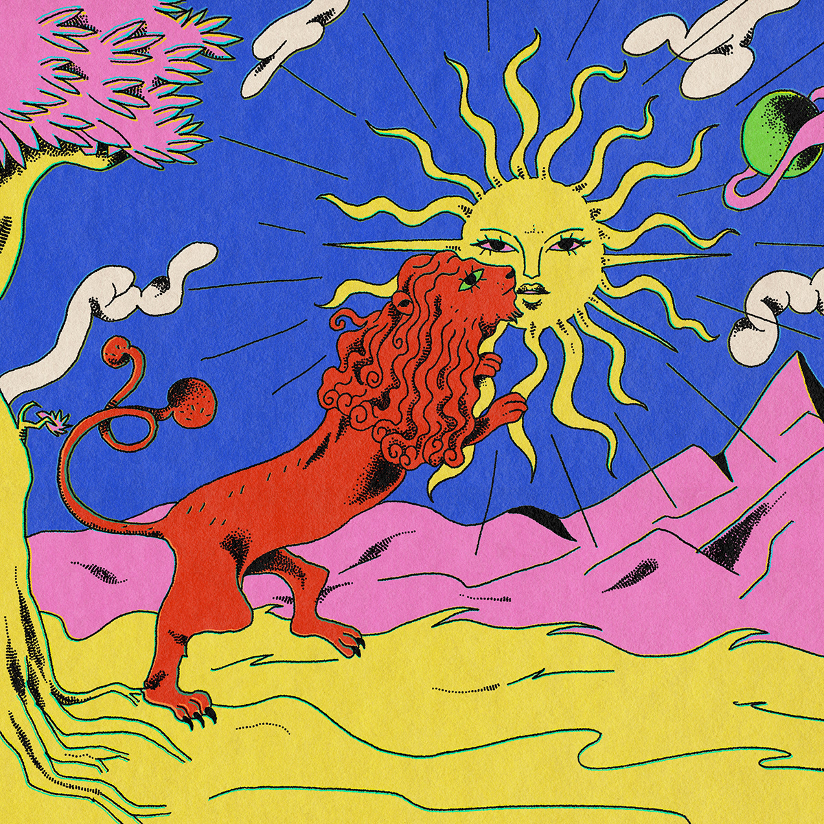 colorful digital illustration Drawing  lion mountain Mushrooms Procreate psychedelic Sun