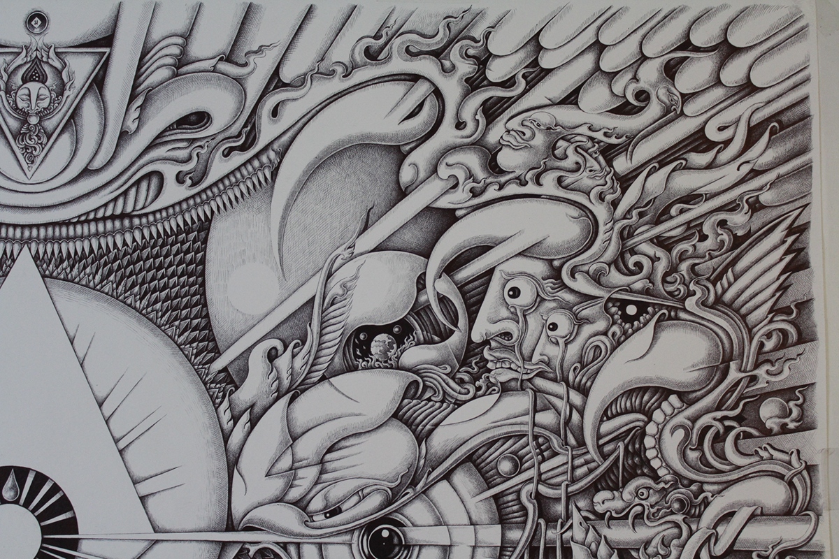 art pen drawing ballpoint pen cubism surreal spiritual Thai mind