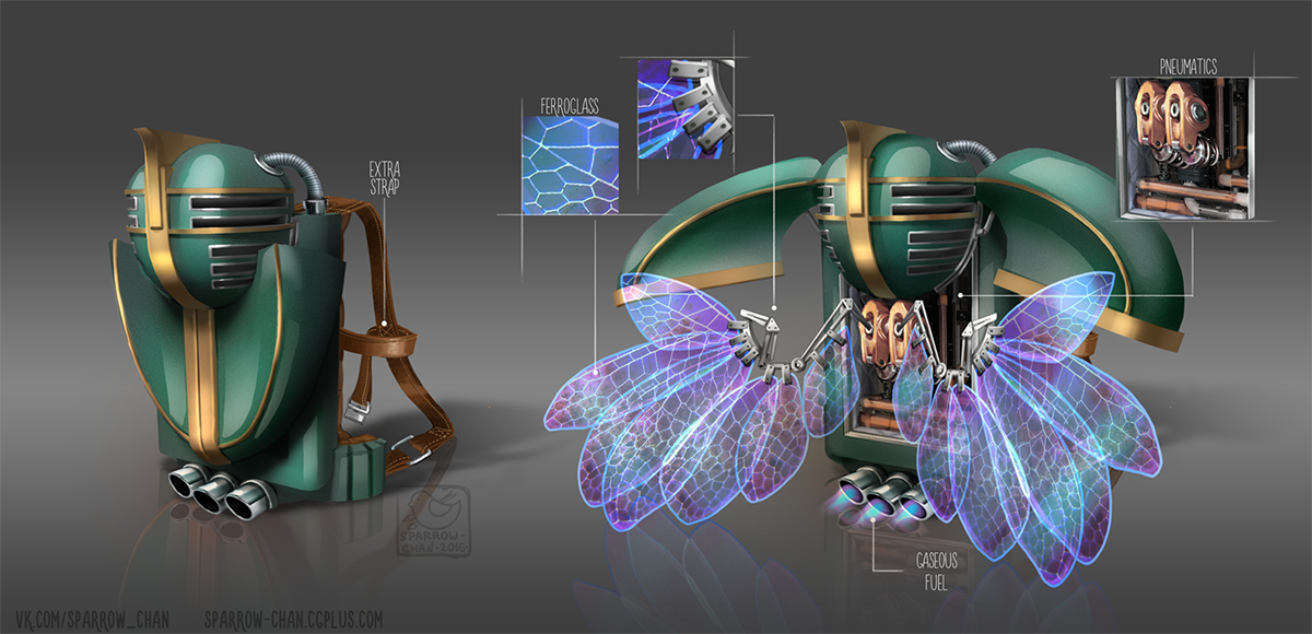 concept art props retrofuturistic art deco BioShock jetpack wings dieselpunk