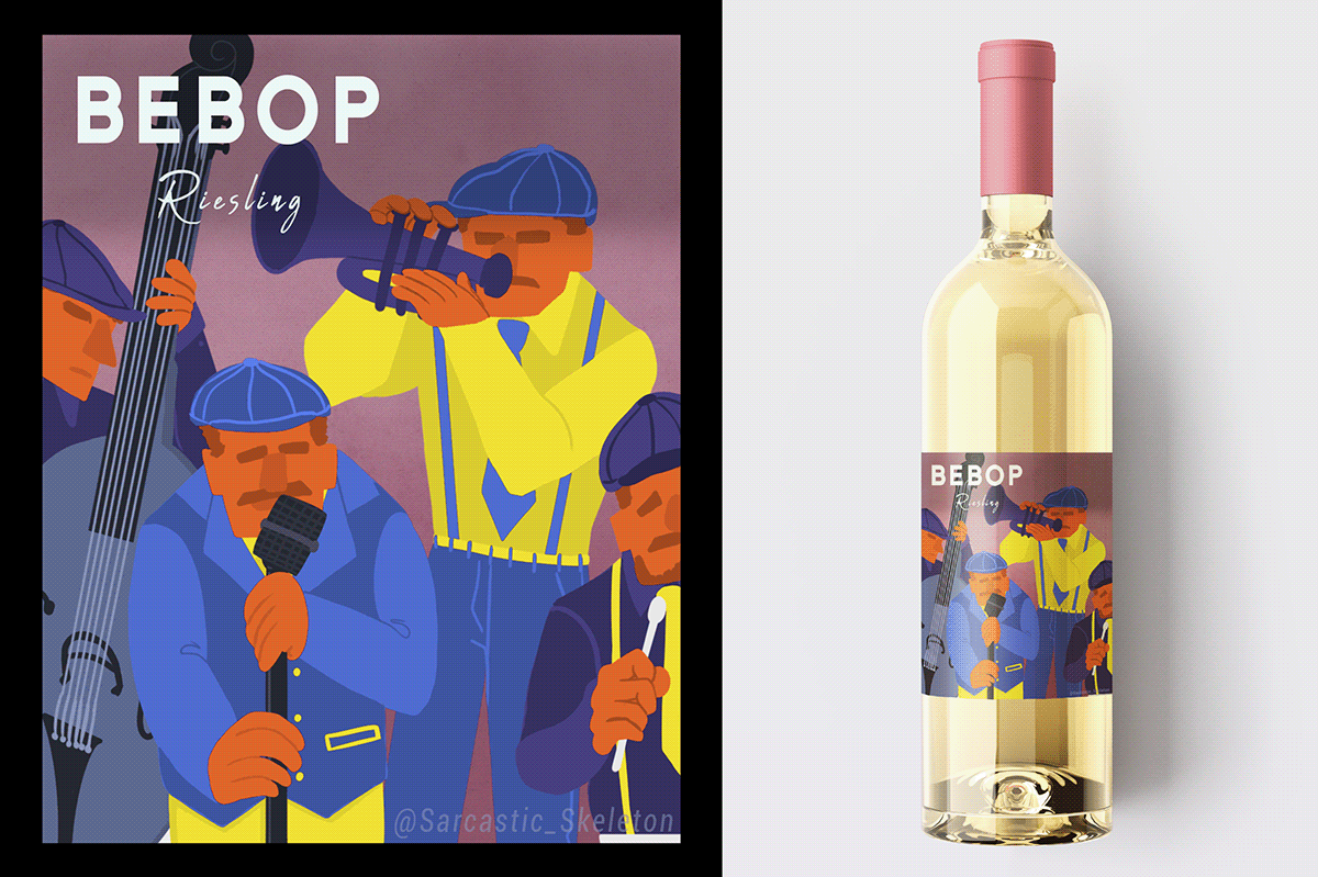 bebop Reisling wine label concept design Digital Art  graphic design  ILLUSTRATION  product label product label design Wine label Design