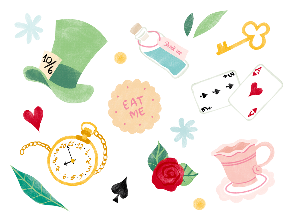 alice in wonderland Album icon design  cards Roses key leaves cup eat me drink me