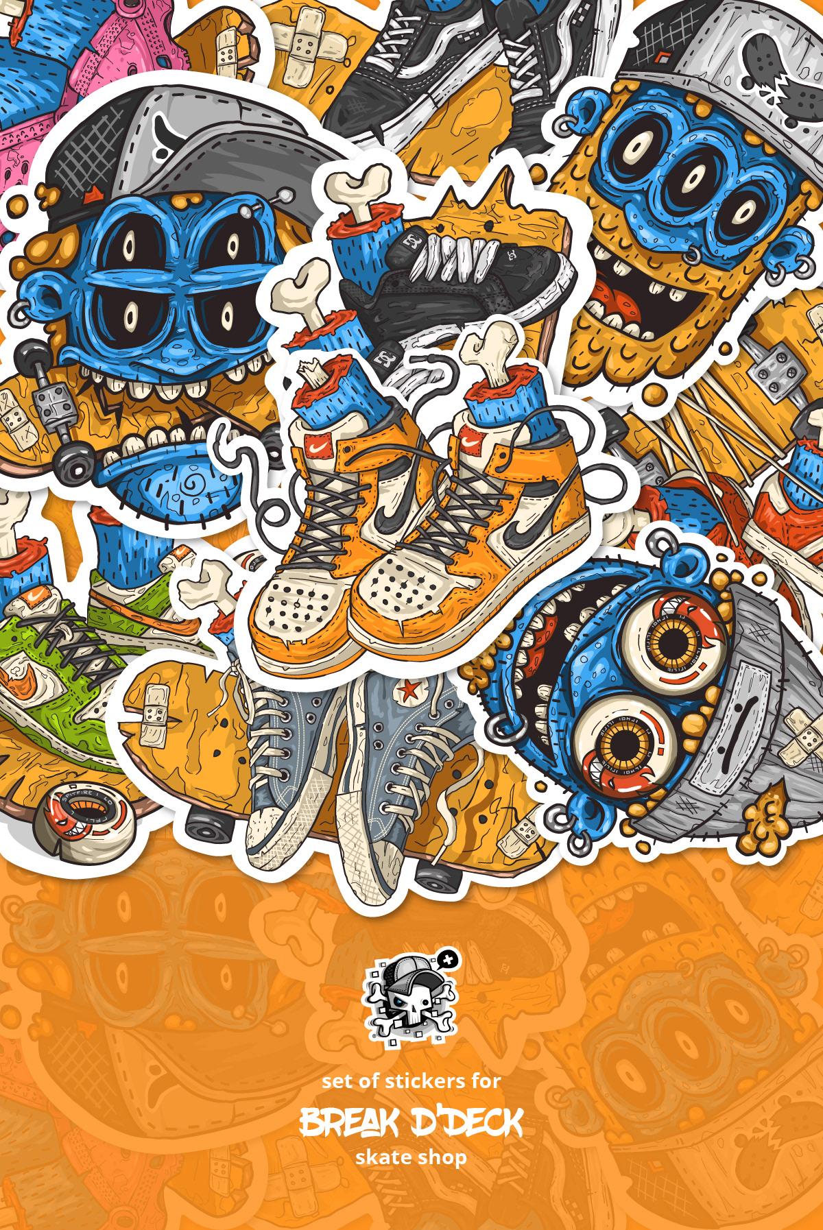 ILLUSTRATION  cartoon skateboard Skate Shoes sneakers stickers Sticker Design Digital Art  vector skate shop