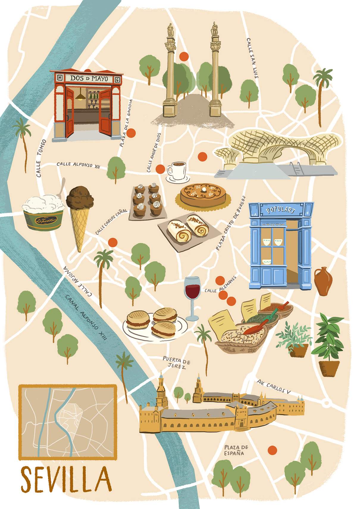 illustrated map sevilla spain sevilla map