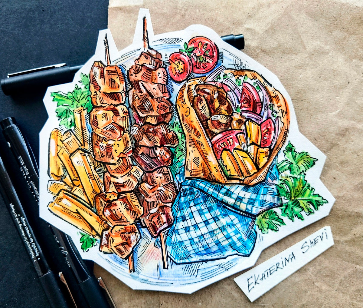 restaurant menu watercolor sketch food illustration grill meat beef steak