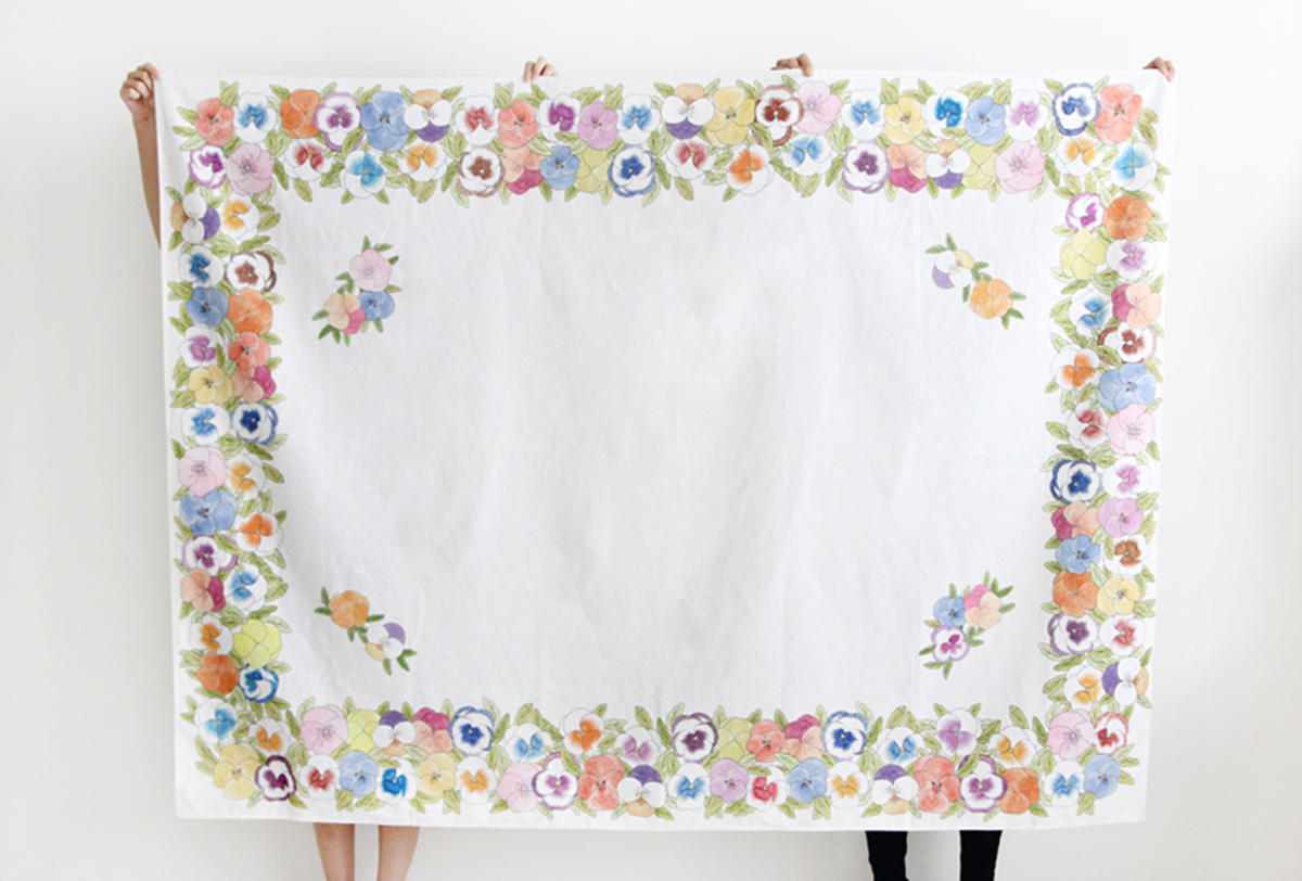 fabric table cover linen floral pansy