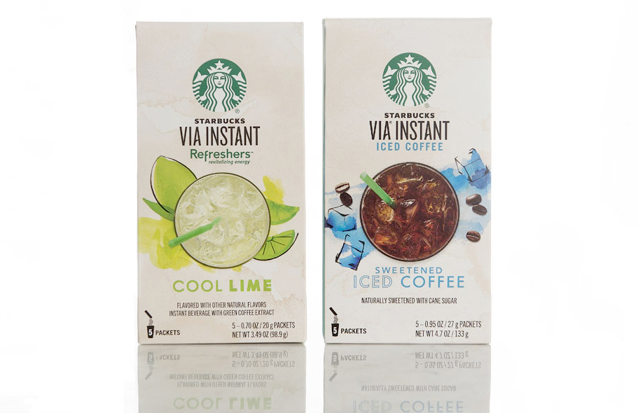 VIA Instant Coffee brand strategy Refreshers latte package design  product lineup strategy Retail packaging system Via cpg photoshoot Illustration Style