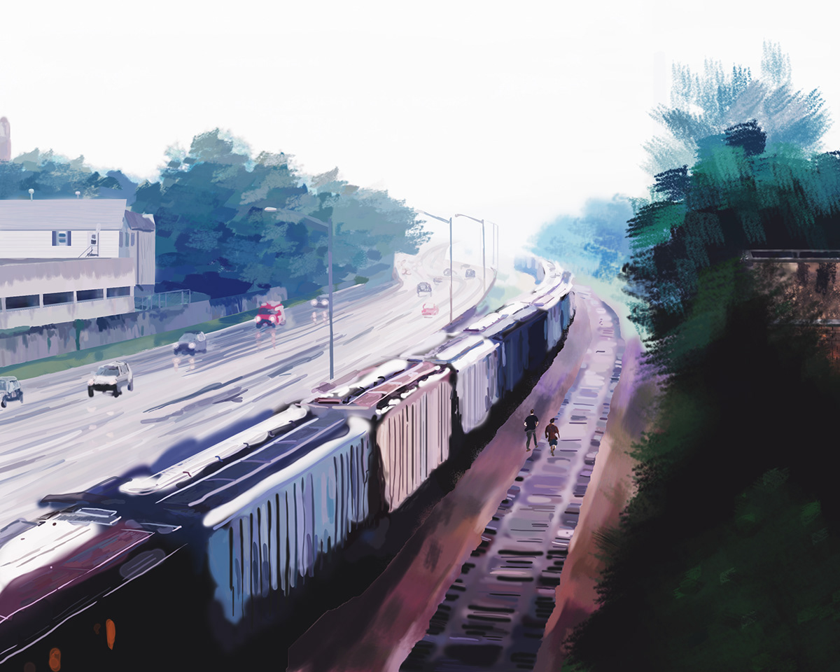 digital photoshop tablet draw railroad tracks Benching train tracks kid childhood walk Wisconsin united states