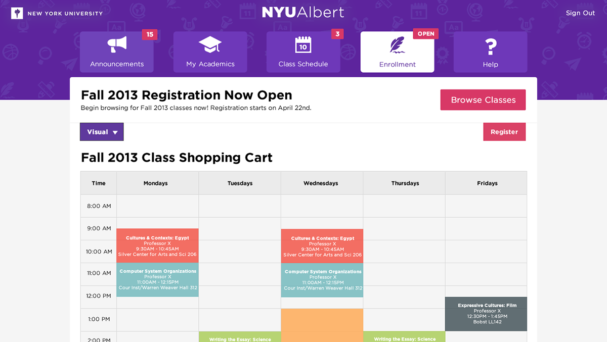 nyu albert redesign new york University john sexton purple class classes schedule
