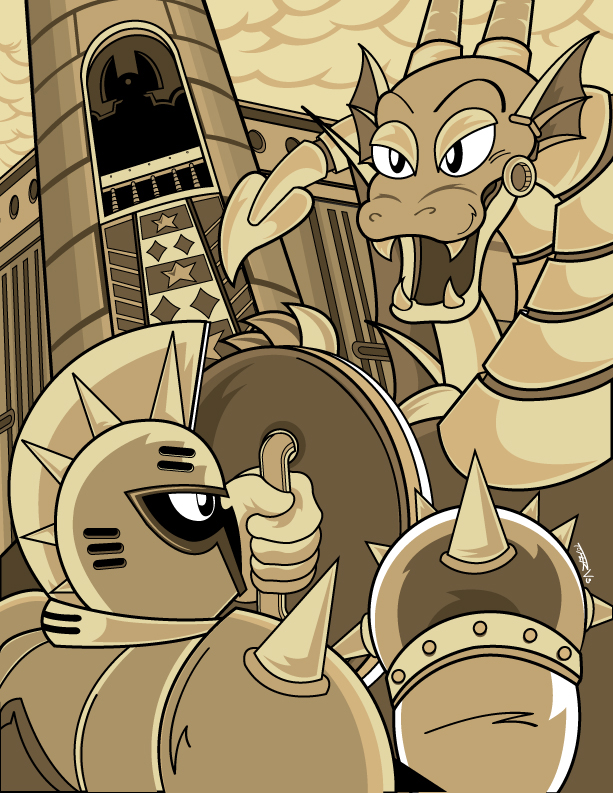 rockman dragon Retro blue knight enemies hand draw vector cartoon videogame fanart Megaman NES tribute