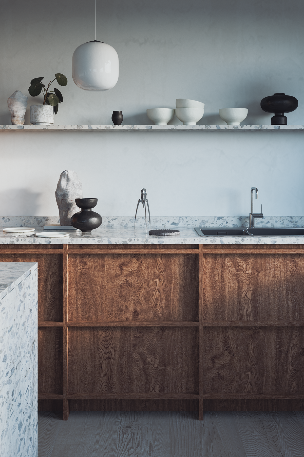 CGI minimal 3D Scandinavian 3dsmax modeling Terrazzo wood kitchen scandi