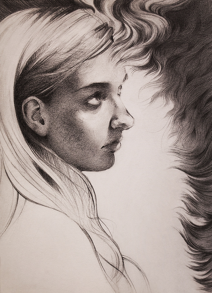figurative Flames graphite pencil portrait Portret sketch smoke surreal woman