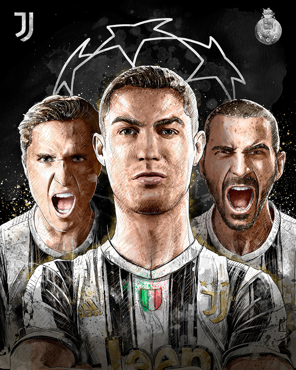 Dynamic sport/football illustration for Juventus vs. FC Porto: Bonucci, Ronaldo, chiesa. 
