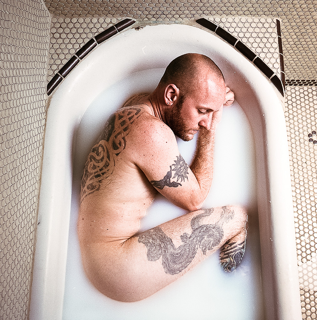 tattoos milk bathtub Implied Nude portrait photographic art medium format film Hasselblad