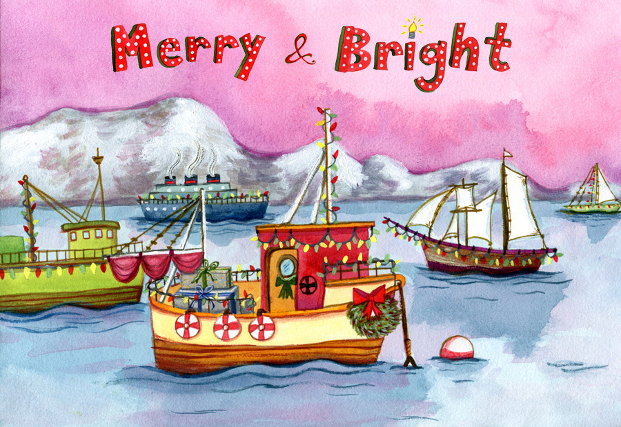 #nautical #holiday #color #ships #tugboats #nordic #holidaycard #water   #handlettering  #handwritten #lettering #painting #boats #TaleenKeldjian #Merry&Bright