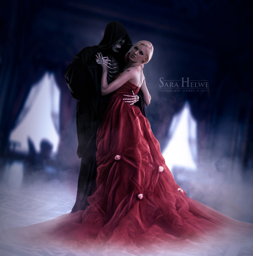 death DANCE   hold Love sad blood Sadness illness woman girl Beautiful grim reaper dark darkness concept red rose Roses skull skeleton