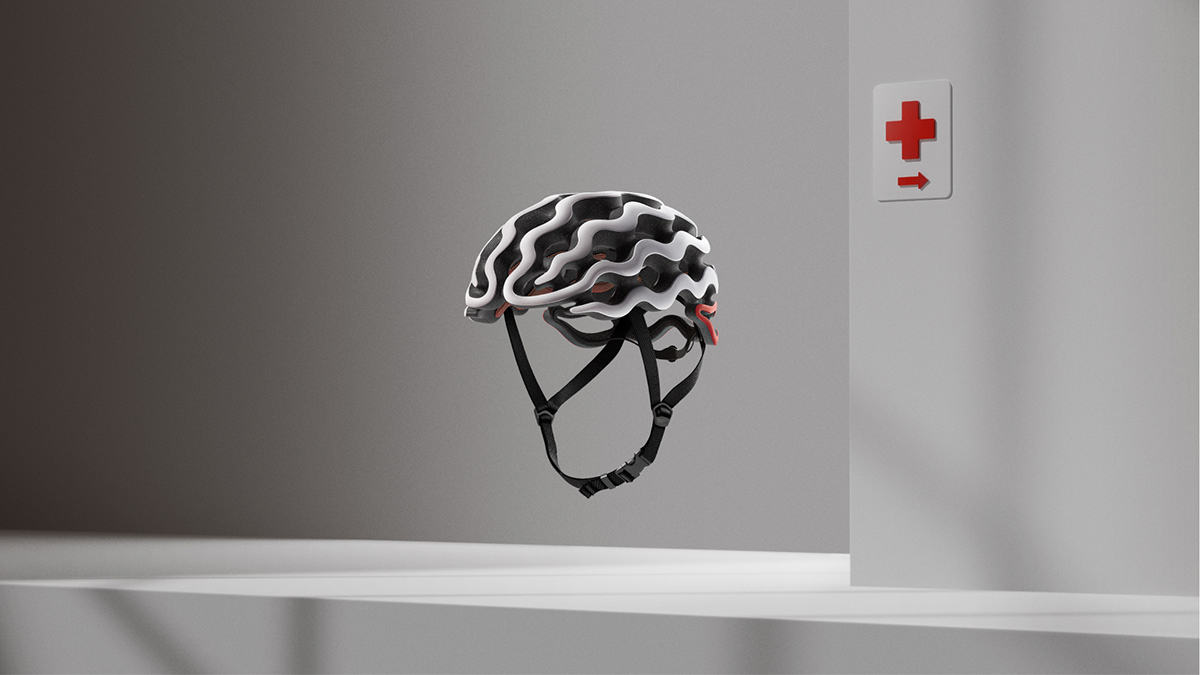 Brain Helmet render, floating with a hospital sign 
