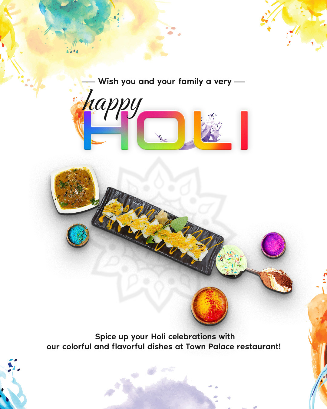 Happy Holidays holi festival color ILLUSTRATION  Food  restaurant Social media post creative Advertising 