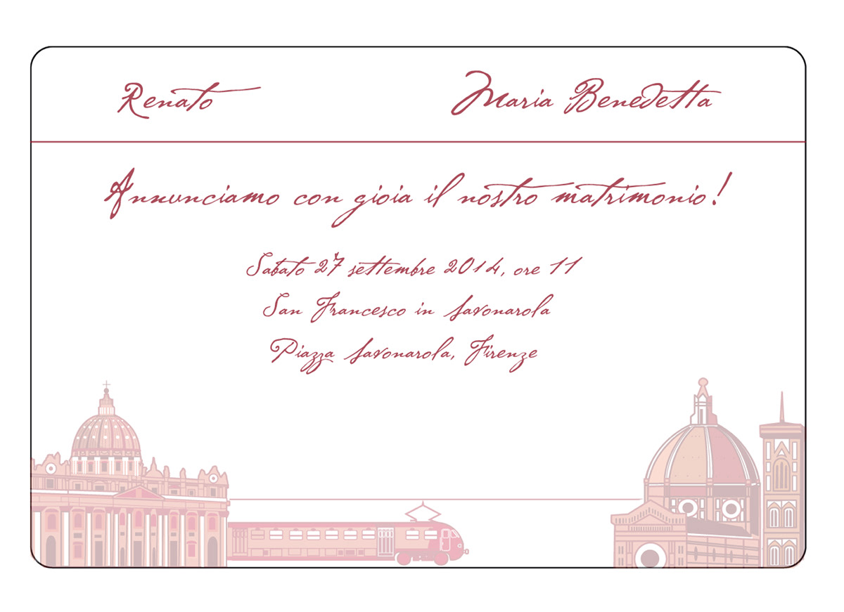 marriage wedding Invitation tableau Rome Florence train STATION place card red church Saint Peter cathedral bride Bridegroom