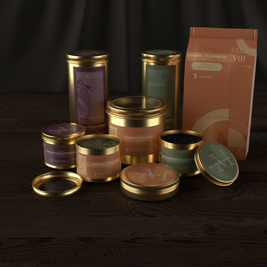 muse tea package tea tins bag meditation herbal brand identity Logo Design Packaging