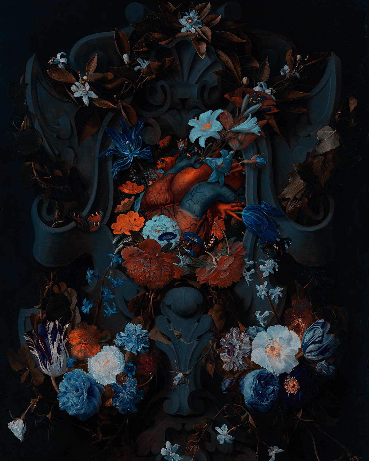 anatomy Digital Art  Flowers heart medical illustration moonlight night noir statue