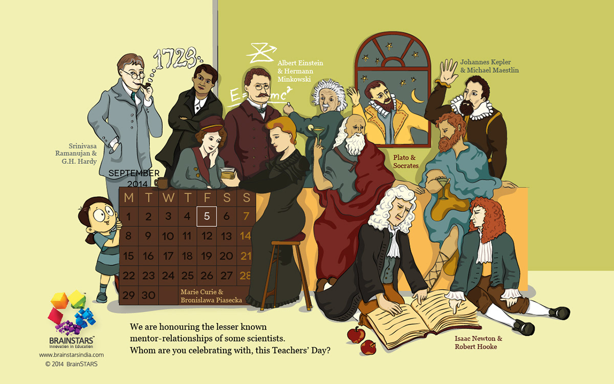 teachers day desktop calendar science illustration science story einstein curie Newton kepler ramanujan Plato Socrates