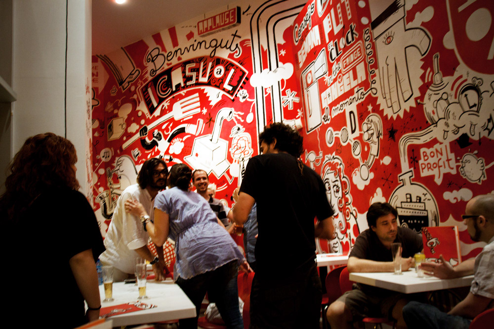 Mural ivan bravo bravo icasual bar mural bar restaurant interiorism decoration barcelona red White black place big wall paint Graffiti the red meeting point meal supper penguin Character Fun child 3D UFO OVNI zeppelin fish surrealism humour
