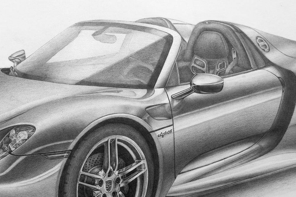 car Porsche penchil paint design graphic art precision relievo progress