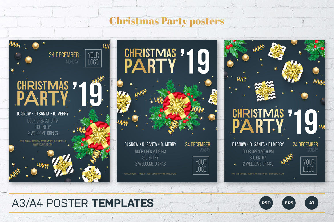 Christmas xmas template Invitation party Layout gold golden black background