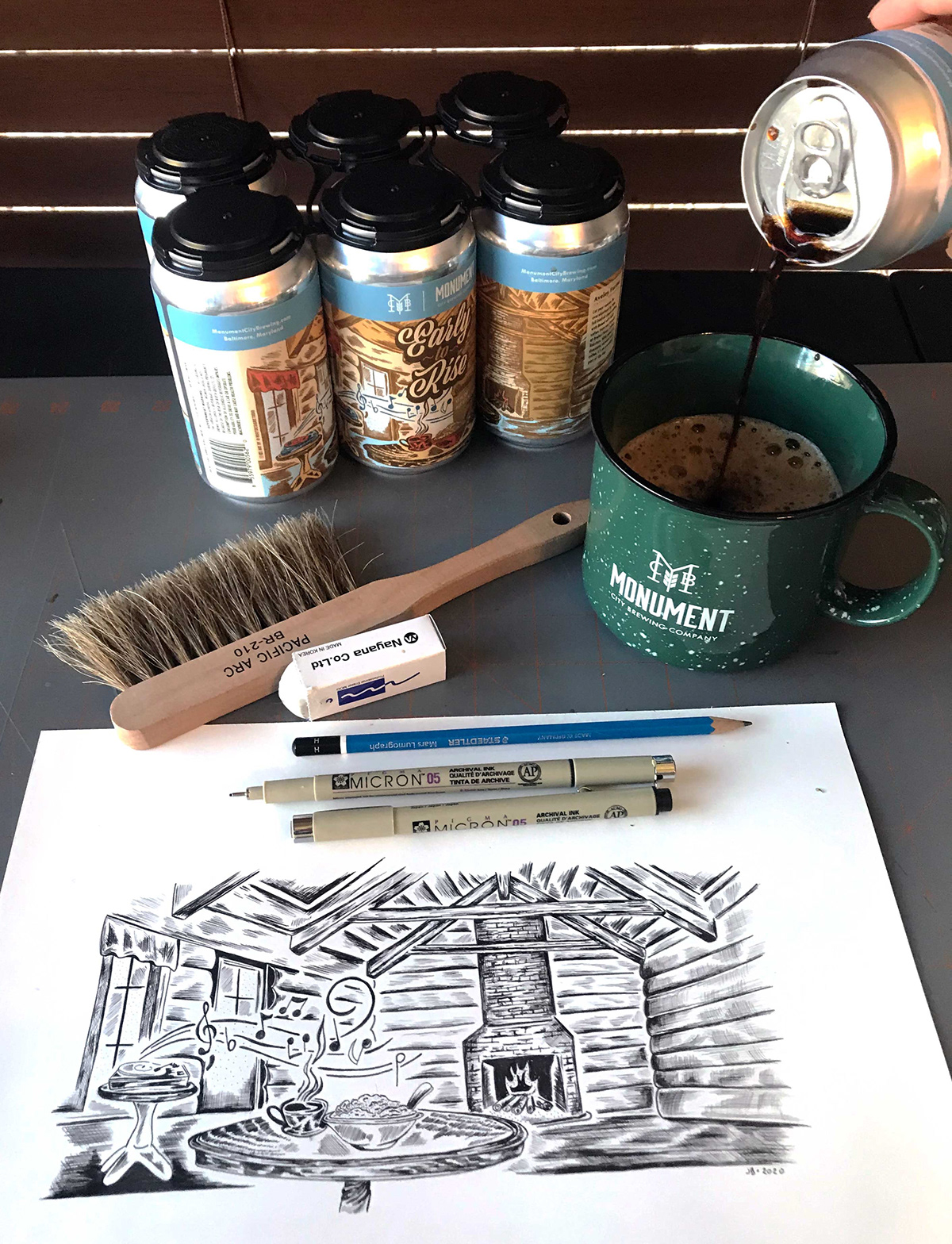 Drawing for beer can label, early to rise, beer, coffee, pen and ink illustration 
