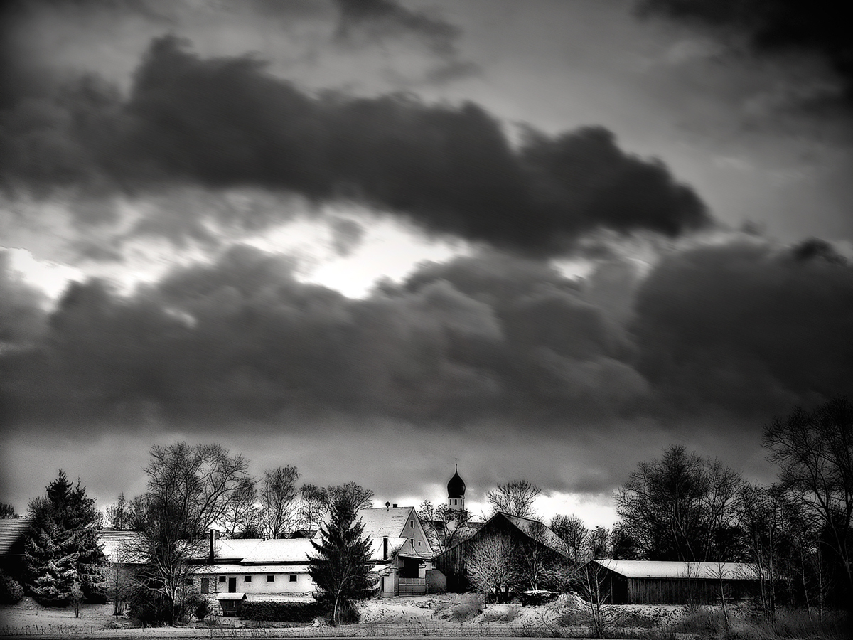 village SKY clouds dark Landscape Bavaria black and white